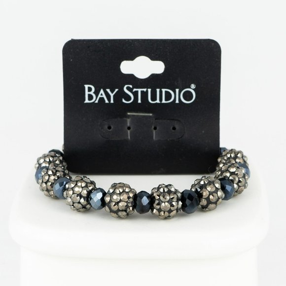 Sparkle Gunmetal Beaded Stretch Bracelet Dark Blue Grey Bay Studio New Navy - Picture 1 of 3